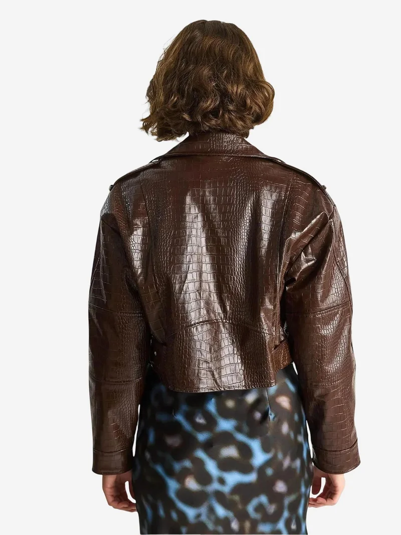 Bianco Lucci Mocha Brown LUCCI Faux Leather Cropped Puffer Jacket for Women | Best Price UAE