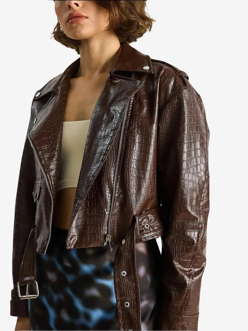 Bianco Lucci Mocha Brown LUCCI Faux Leather Cropped Puffer Jacket for Women | Best Price UAE