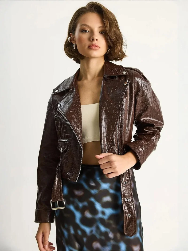 Bianco Lucci Mocha Brown LUCCI Faux Leather Cropped Puffer Jacket for Women | Best Price UAE