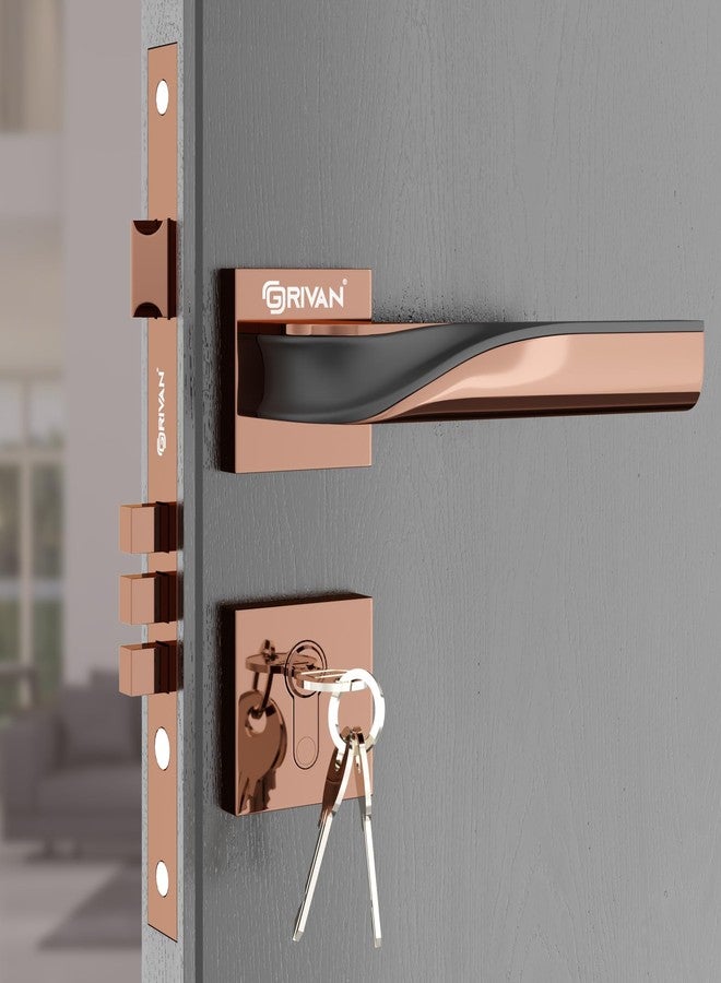 GRIVAN قفل نقر أنيق من النحاس الأصفر من GRIVAN للأبواب، غرف النوم، الشرفات، والمخازن. طقم مقابض للأبواب الرئيسية والداخلية. هيكل قفل متين و3 مفاتيح مرفقة (لون ذهبي وردي، أسود) | ضمان لمدة سنتين - Image 1