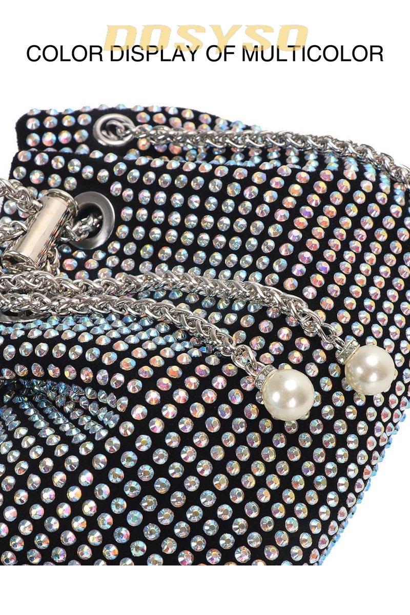 DOSYSO Rhinestone Bucket Bag Mini Evening Handbags Crystal Clutch For Women Drawstring Crossbody Sling Bags with Chain Stylish Potli Bags Ladies Glitter Purse Wallet for Party Wedding Bling (Multi) - Image 5