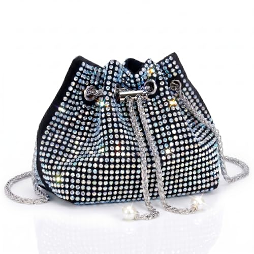 DOSYSO Rhinestone Bucket Bag Mini Evening Handbags Crystal Clutch For Women Drawstring Crossbody Sling Bags with Chain Stylish Potli Bags Ladies Glitter Purse Wallet for Party Wedding Bling (Multi) - Image 1
