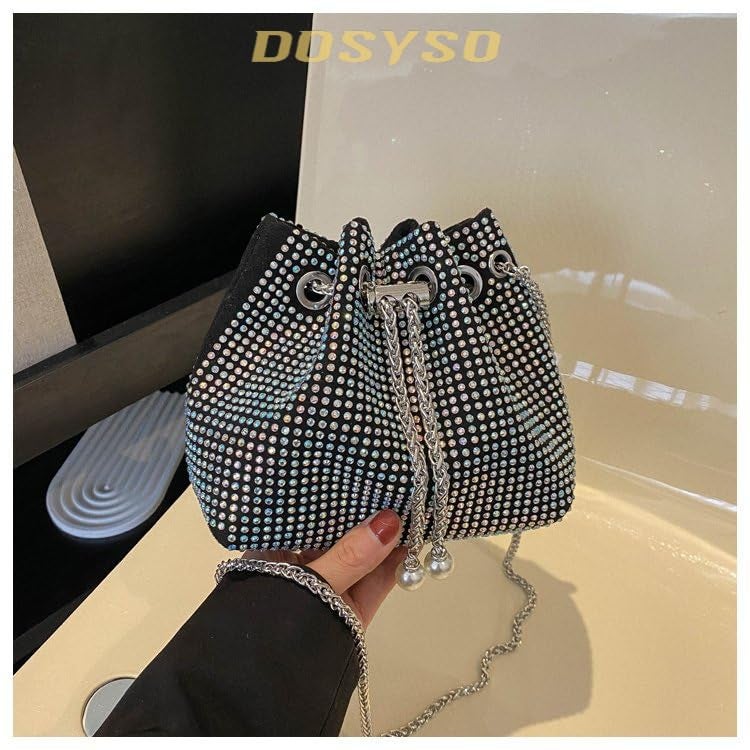 DOSYSO Rhinestone Bucket Bag Mini Evening Handbags Crystal Clutch For Women Drawstring Crossbody Sling Bags with Chain Stylish Potli Bags Ladies Glitter Purse Wallet for Party Wedding Bling (Multi) - Image 2