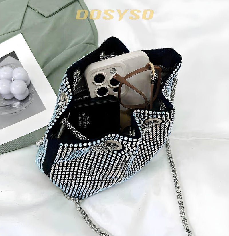 DOSYSO Rhinestone Bucket Bag Mini Evening Handbags Crystal Clutch For Women Drawstring Crossbody Sling Bags with Chain Stylish Potli Bags Ladies Glitter Purse Wallet for Party Wedding Bling (Multi) - Image 4