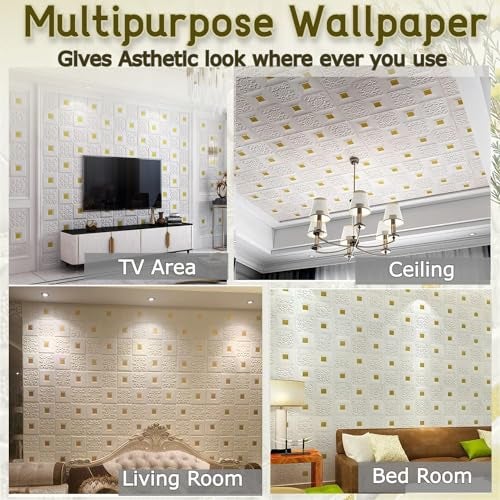 Barebeauty Foam 3D Ceiling Wallpaper for Living Room,Bedroom,Hall,Home Wall Tiles Panel,False Roof Ceiling Self-Adhesive Stickers (70 X 70 Cm) (3D-Brick White Gold, Pack of 25) - Image 3