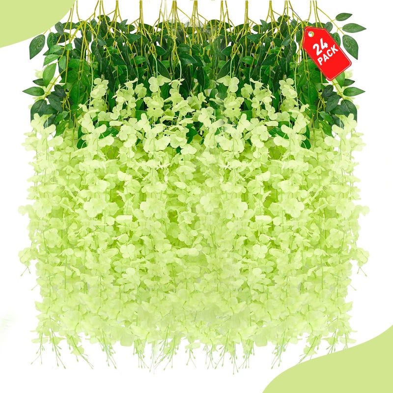ZEBMOON 24 Pack Green Wisteria Hanging Flowers  Green 3.77 Ft Fake Hanging Flowers  Green Artificial Wisteria Garland  Green Wisteria Flower Vines  Wisteria Flowers for Decor  Wisteria Garland for Backdrop - Image 1