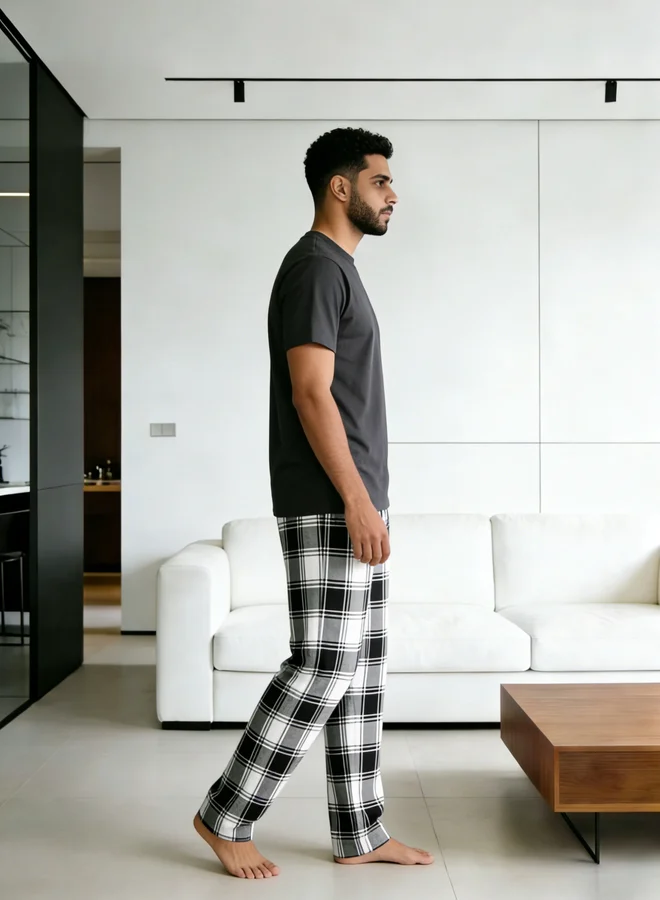 Take Two Charcoal Men Printed Round Neck T-Shirt and Checked Pants Set for Men | Best Price UAE