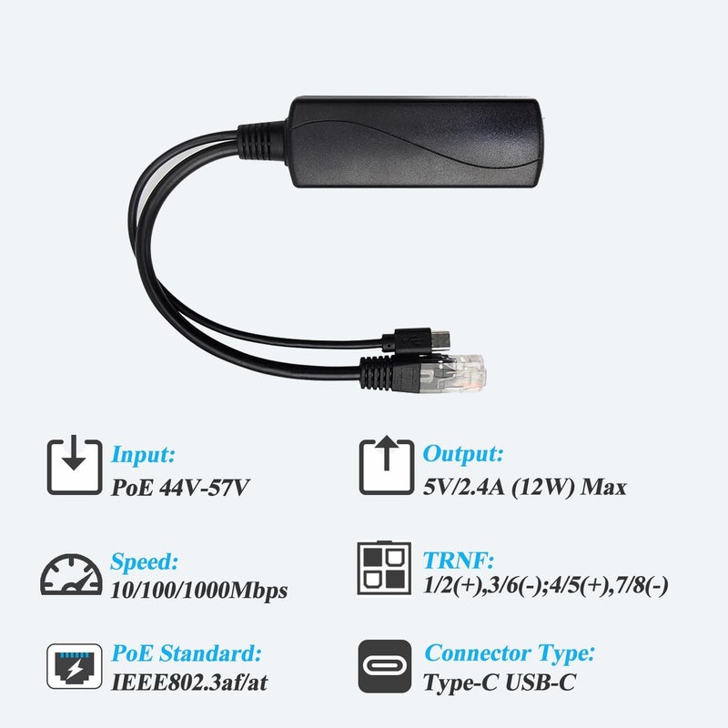 REVODATA Type C Port PoE Splitter Gigabit 5V/2.4A, PoE to USB-C 5V/2.4A Output, 1000Mbps Gigabit Ethernet Compatible with IEEE802.3af/at, Plug and Play - Image 3