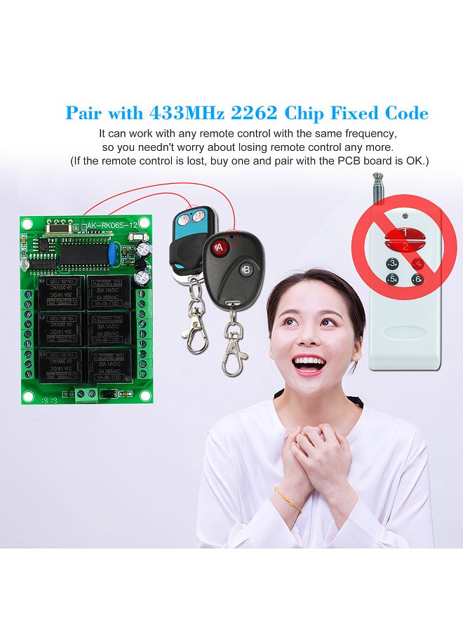 Generic - 433Mhz DC 12V 6CH Channel Universal 10A Relay Wireless RF Remote Control Switch Receiver Module and 1PCS 6 Key RF 433 Mhz Transmitter Fixed Code (2262 Chip) Remote Controls Smart Home Automation - Image 1