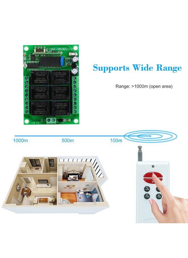 Generic - 433Mhz DC 12V 6CH Channel Universal 10A Relay Wireless RF Remote Control Switch Receiver Module and 1PCS 6 Key RF 433 Mhz Transmitter Fixed Code (2262 Chip) Remote Controls Smart Home Automation - Image 1
