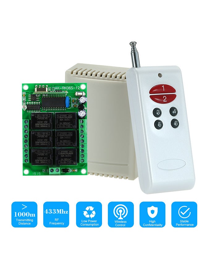 Generic - 433Mhz DC 12V 6CH Channel Universal 10A Relay Wireless RF Remote Control Switch Receiver Module and 1PCS 6 Key RF 433 Mhz Transmitter Fixed Code (2262 Chip) Remote Controls Smart Home Automation - Image 1