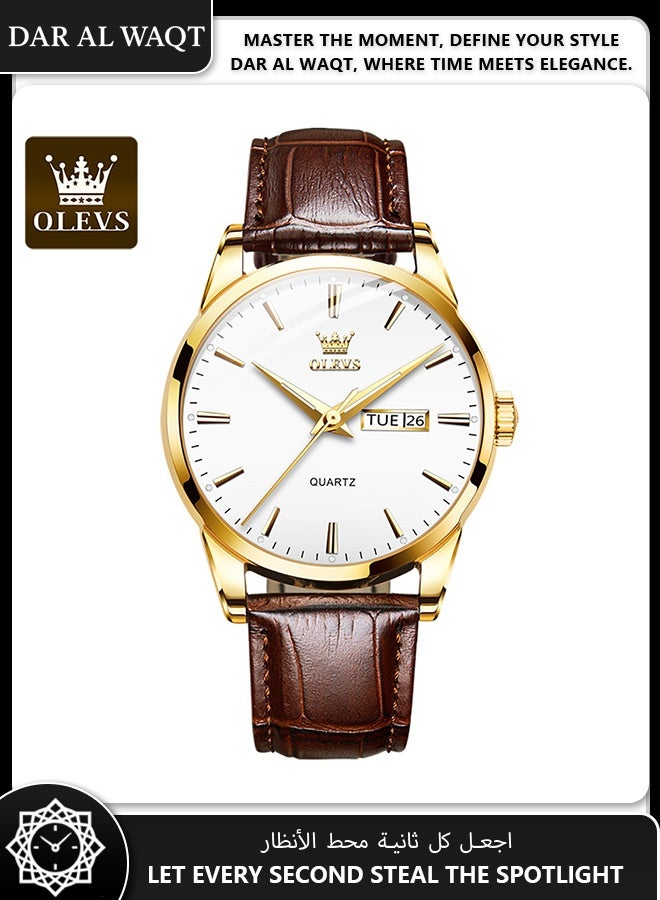 أوليفز ساعة رجالية أنيقة من OLEVS – كوارتز أنالوج، قرص أبيض، حزام جلد بني، مقاومة للماء - Image 1