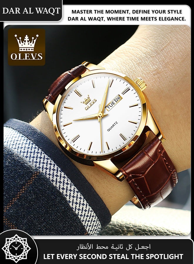 أوليفز ساعة رجالية أنيقة من OLEVS – كوارتز أنالوج، قرص أبيض، حزام جلد بني، مقاومة للماء - Image 2