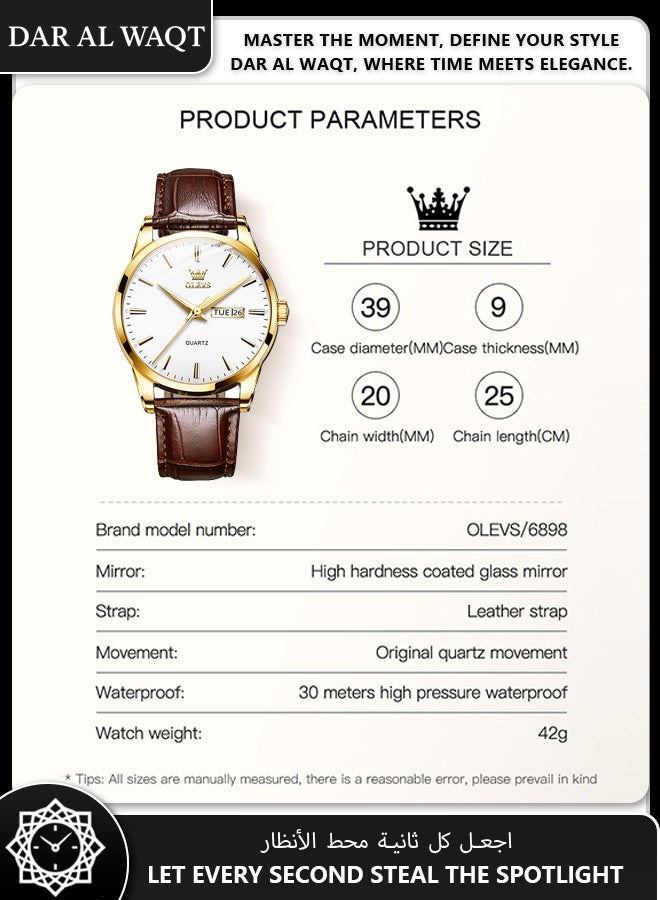 أوليفز ساعة رجالية أنيقة من OLEVS – كوارتز أنالوج، قرص أبيض، حزام جلد بني، مقاومة للماء - Image 5