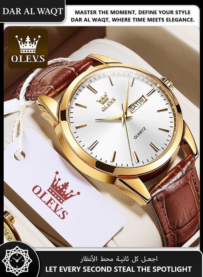 أوليفز ساعة رجالية أنيقة من OLEVS – كوارتز أنالوج، قرص أبيض، حزام جلد بني، مقاومة للماء - Image 3