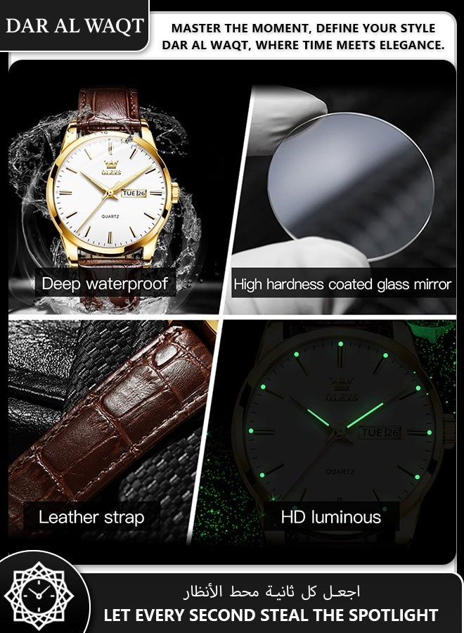 أوليفز ساعة رجالية أنيقة من OLEVS – كوارتز أنالوج، قرص أبيض، حزام جلد بني، مقاومة للماء - Image 4