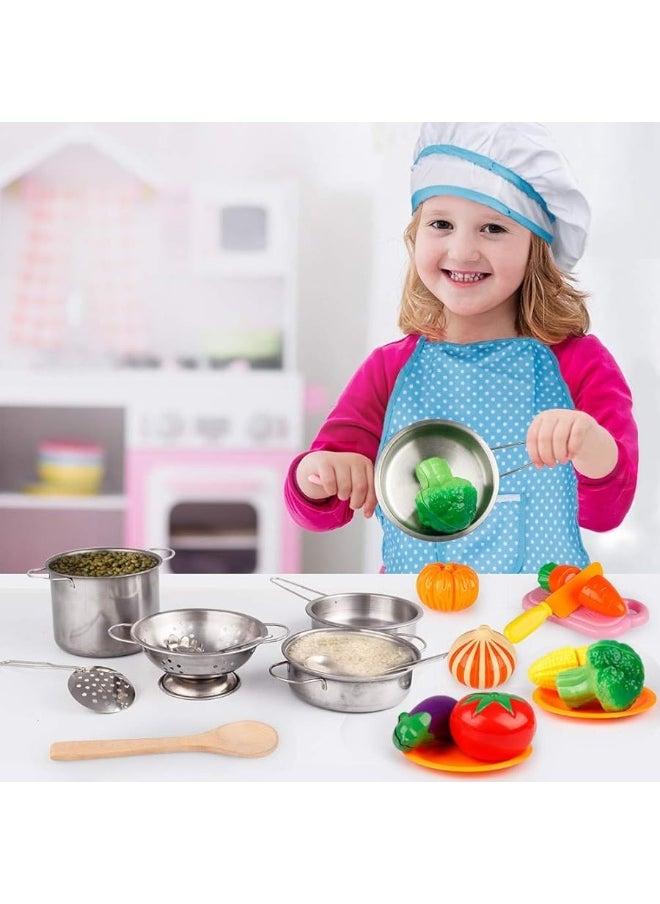 D-FantiX - D-FantiX Play Kitchen Accessories, Kids Play Pots and Pans Playset with Mini Stainless Steel Pretend Play Cooking Toys, Cookware Utensils, Apron and Chef Hat, Cutting Food for Toddler Boys Girls - Image 1