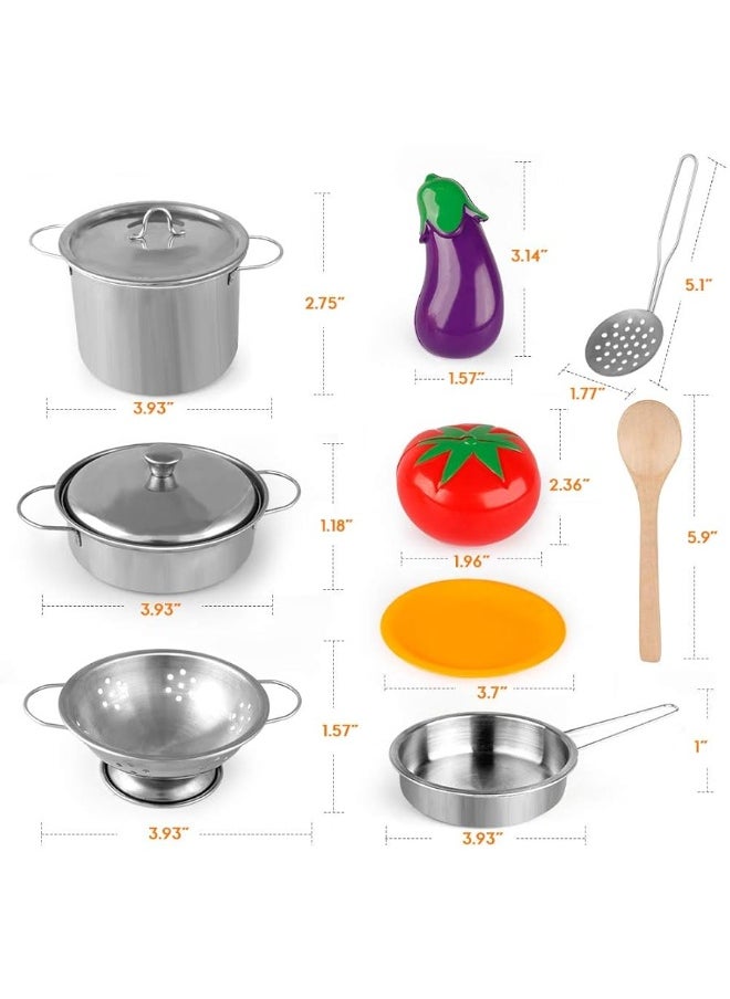 D-FantiX - D-FantiX Play Kitchen Accessories, Kids Play Pots and Pans Playset with Mini Stainless Steel Pretend Play Cooking Toys, Cookware Utensils, Apron and Chef Hat, Cutting Food for Toddler Boys Girls - Image 1