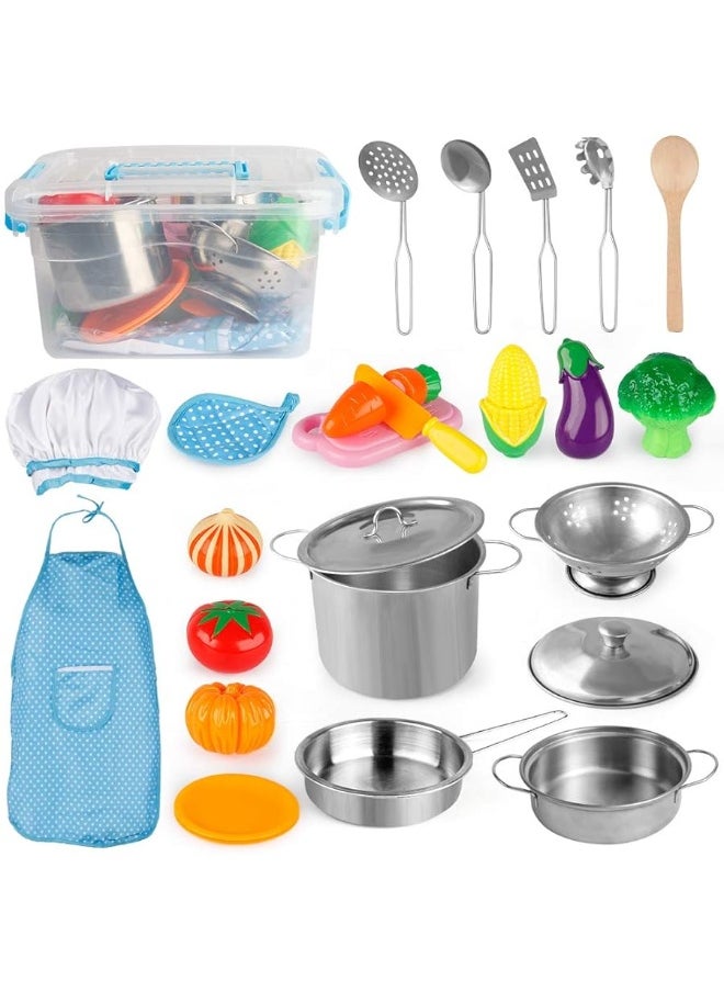 D-FantiX - D-FantiX Play Kitchen Accessories, Kids Play Pots and Pans Playset with Mini Stainless Steel Pretend Play Cooking Toys, Cookware Utensils, Apron and Chef Hat, Cutting Food for Toddler Boys Girls - Image 1