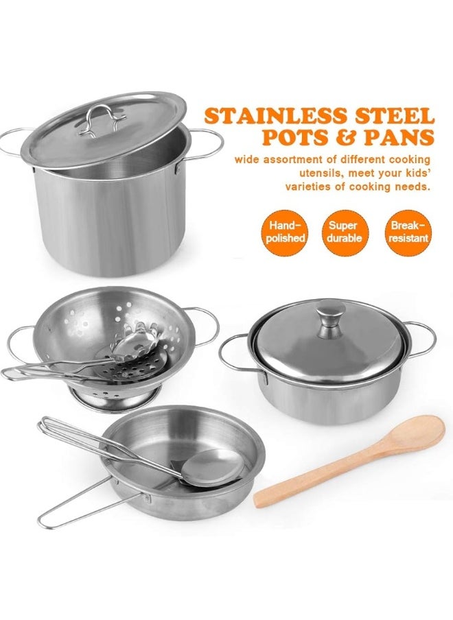 D-FantiX - D-FantiX Play Kitchen Accessories, Kids Play Pots and Pans Playset with Mini Stainless Steel Pretend Play Cooking Toys, Cookware Utensils, Apron and Chef Hat, Cutting Food for Toddler Boys Girls - Image 1