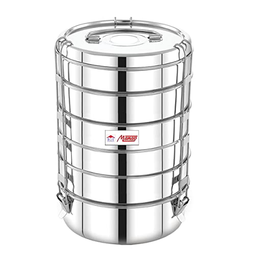 FUTENSILS Manav Stainless Steel Tiffin Box Clip Model, 6-Tier-Size -13X6 (with Plates),Lunch Kit Used for Office Travelling, Gifting and Picnic,(Capacity-14L,Dia-8.5 inch, Weight - 3.47Kg) - Image 1
