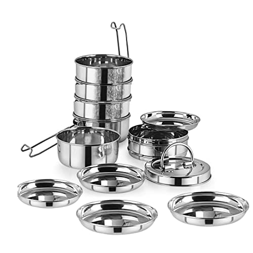 FUTENSILS Manav Stainless Steel Tiffin Box Clip Model, 6-Tier-Size -13X6 (with Plates),Lunch Kit Used for Office Travelling, Gifting and Picnic,(Capacity-14L,Dia-8.5 inch, Weight - 3.47Kg) - Image 3