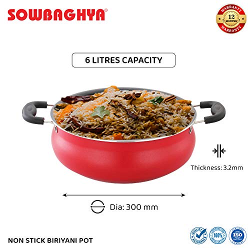 SOWBAGHYA Aluminium Biryani Pot with Lid, 6 L (Red) Handi | Patila | Bhagona | Tapeli with LID | Multipurpose Aluminium Cooking Utensils for Kitchen | Dishwasher Safe | Metal Spoon Friendly. - Image 3