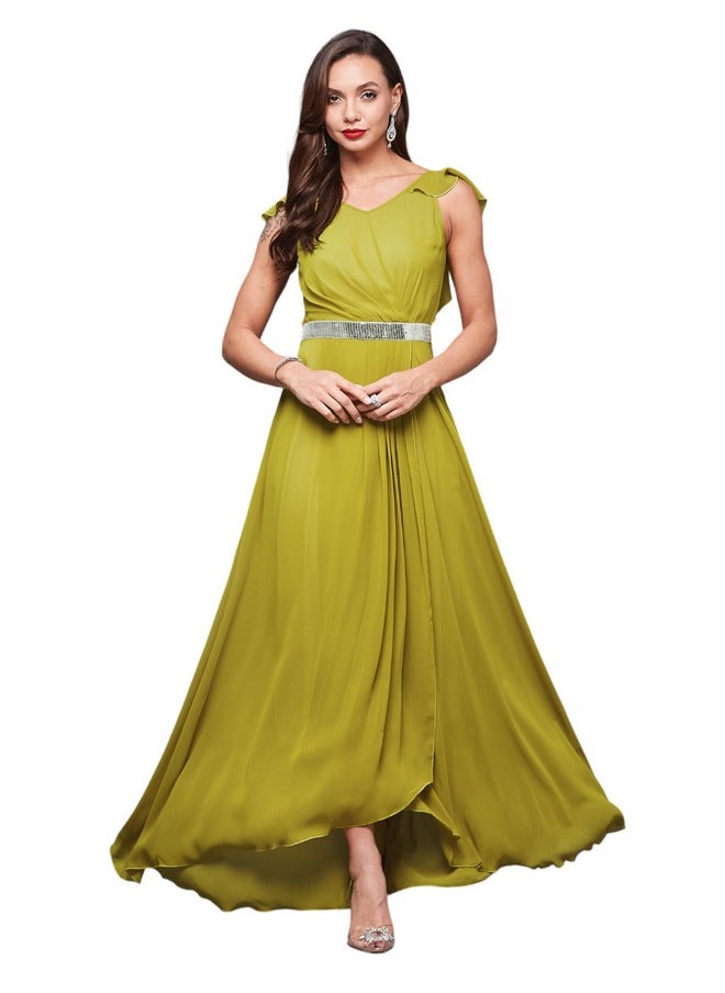 Miss Chase - Miss Chase Women's V-Neck Ruffled Sleeve Solid Embellished Maxi Dress with Pockets (MCAW21D06-17-311-05, Lemon Green, L) - Image 1
