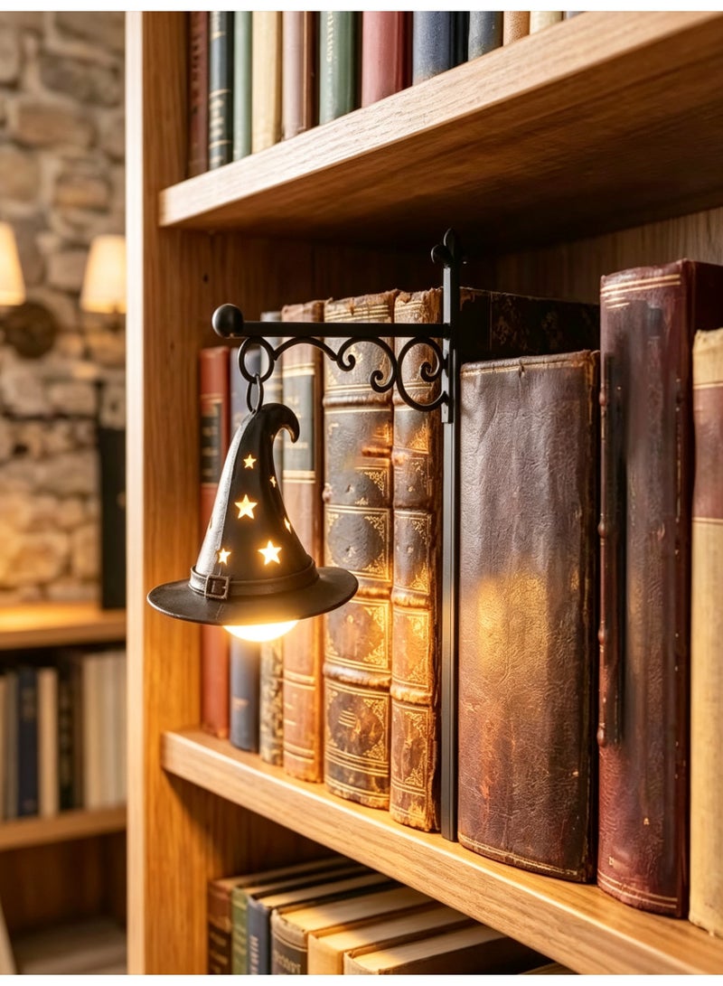 LED Bookshelf Lamp, Witch Hat Design Vintage Style Reading Nook Night Light, Decorative Library Lantern - Image 4