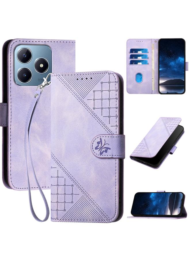 S-TOP Case For Realme C63 Global Grid Butterfly Embossed Pattern Leather Phone Case with Lanyard - Image 1