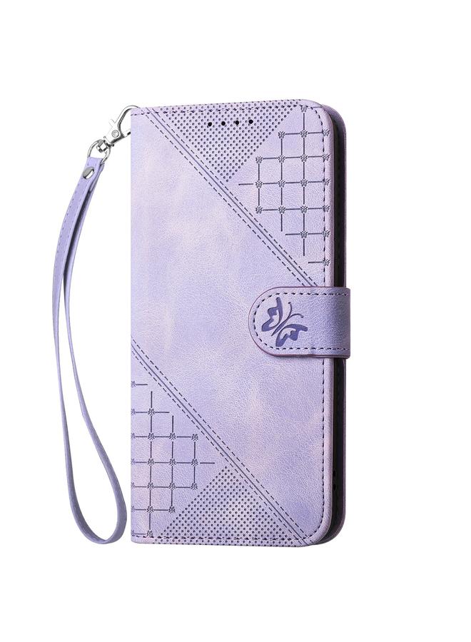 S-TOP Case For Realme C63 Global Grid Butterfly Embossed Pattern Leather Phone Case with Lanyard - Image 2