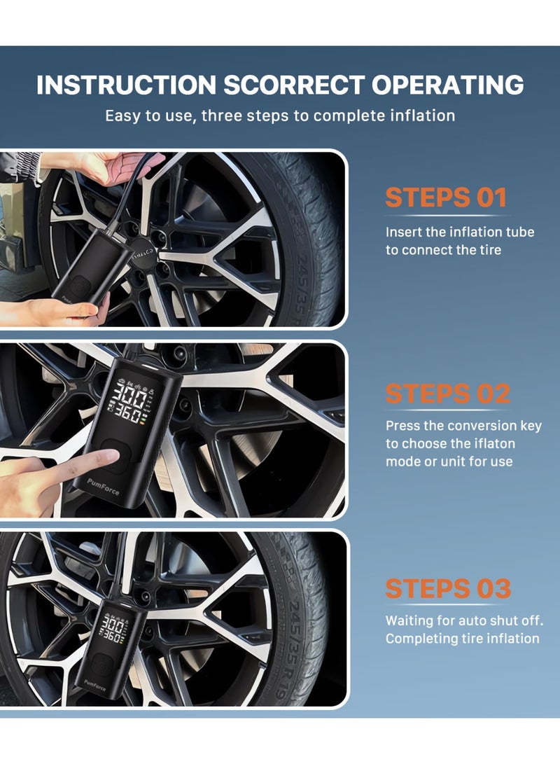 PumForce Cordless Tire Inflator 150 PSI, Portable Air Compressor with LED Display, Auto Shut-Off, USB-C Charging & LED Light for Car, SUV, Motorcycle & Sports - Image 4