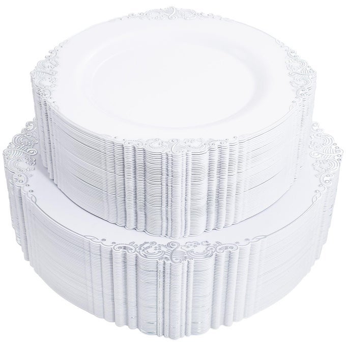 102PCS WHITE AND SILVER PLASTIC PLATES HEAVYWEIGHT SILVER PLATE WEDDING PLATE WITH SILVER RIM FANCY DINNER DESSERT PLATES FOR 51 GUESTS GRADUATION WEDDINGS PARTIES