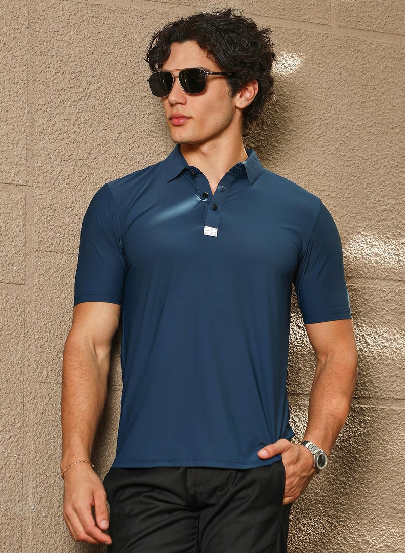 Campus Sutra Men's Navy Blue Seamless Solid Polo T-Shirt - Image 1