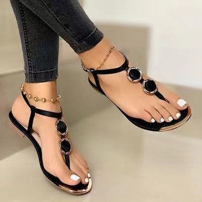 Beaded Sandals 2022 Summer Casual Flat Womens Shoes Black  - Image 1