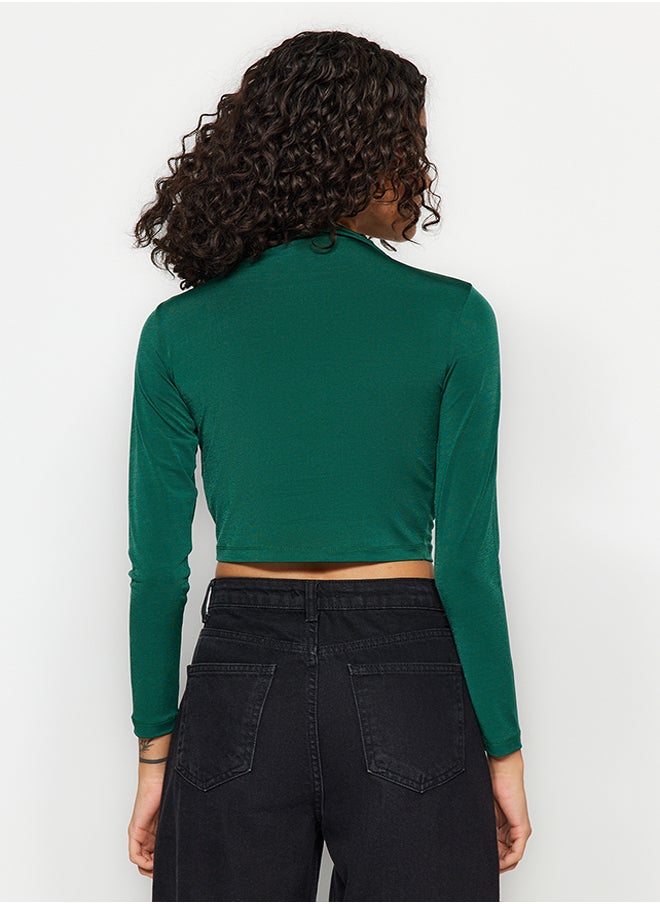 trendyol - Emerald Green High Collar Draped Crop Blouse TWOAW24BZ00164 - Image 1