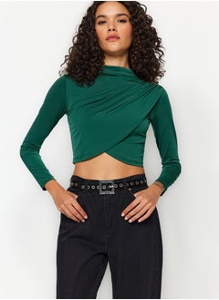 Emerald Green High Collar Draped Crop Blouse TWOAW24BZ00164