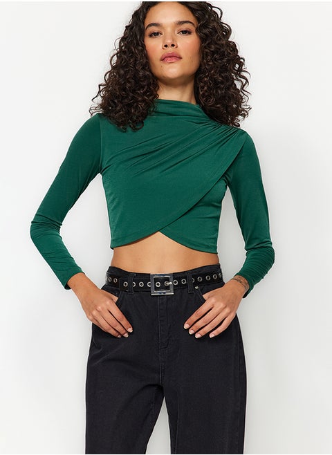 Emerald Green High Collar Draped Crop Blouse TWOAW24BZ00164