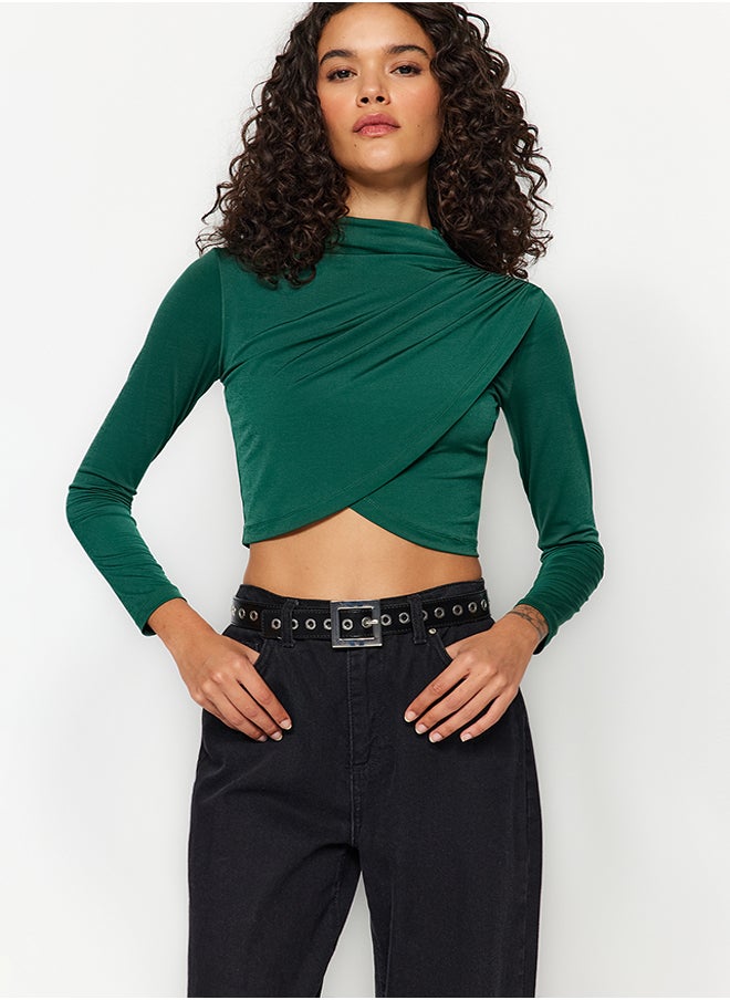 trendyol - Emerald Green High Collar Draped Crop Blouse TWOAW24BZ00164 - Image 1