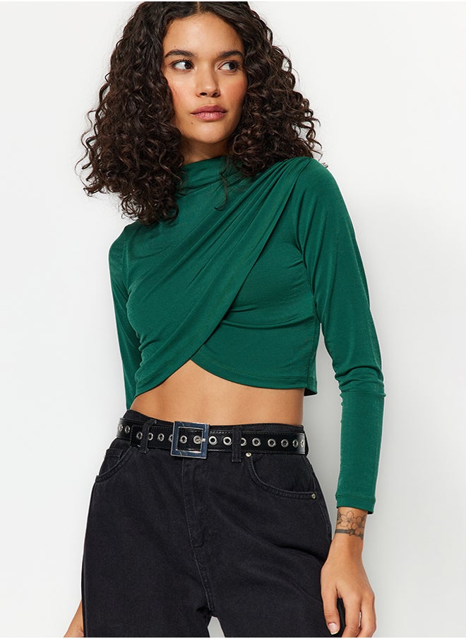 trendyol - Emerald Green High Collar Draped Crop Blouse TWOAW24BZ00164 - Image 1