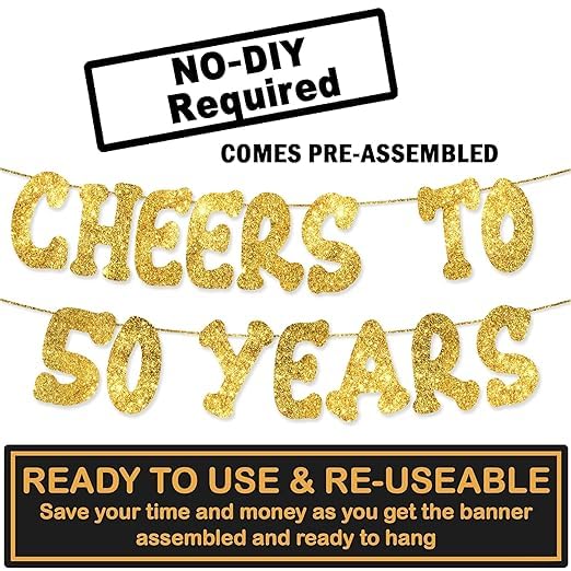 TrifleArte Cheers to 50 Years Banner | 50th Birthday Party Golden Glitter Banner | Party Decorations and Supplies | Wedding Anniversary Decorations | Pre-Strung - Image 2
