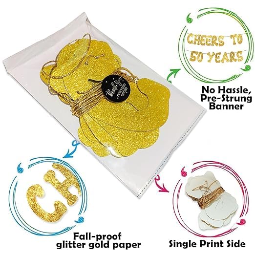 TrifleArte Cheers to 50 Years Banner | 50th Birthday Party Golden Glitter Banner | Party Decorations and Supplies | Wedding Anniversary Decorations | Pre-Strung - Image 4