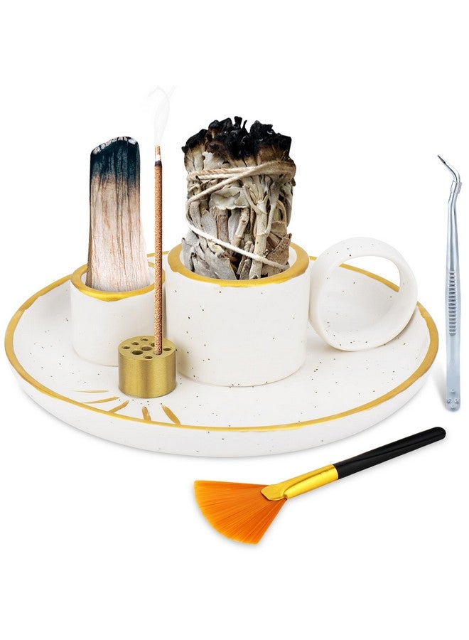 سيلفتك حامل بخور سيراميك 5 في 1، مبخرة سيراميك وصينية لجمع الرماد بمقبض، حامل بخور للعصي مع 9 فتحات بخور للشمعة، حرق المريمية، بالو سانتو لغرفة التأمل واليوغا - Image 1