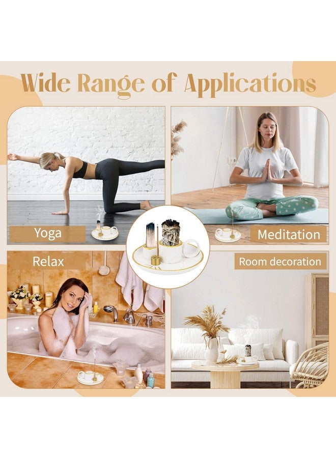 سيلفتك حامل بخور سيراميك 5 في 1، مبخرة سيراميك وصينية لجمع الرماد بمقبض، حامل بخور للعصي مع 9 فتحات بخور للشمعة، حرق المريمية، بالو سانتو لغرفة التأمل واليوغا - Image 2