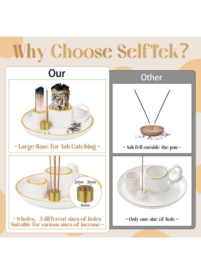 سيلفتك حامل بخور سيراميك 5 في 1، مبخرة سيراميك وصينية لجمع الرماد بمقبض، حامل بخور للعصي مع 9 فتحات بخور للشمعة، حرق المريمية، بالو سانتو لغرفة التأمل واليوغا - Image 5