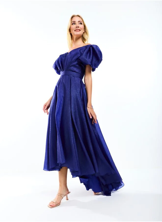 هاوس اوف مودا Off Shoulder Neck High Low Hem Maxi Dress with Tie Belt