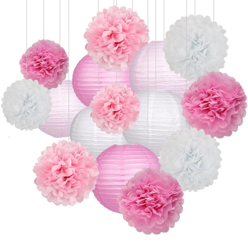 15Pcs Party Pack Paper Lanterns and Pom Pom Balls Hanging Decoration for Wedding Birthday Baby ShowerPinkWhite