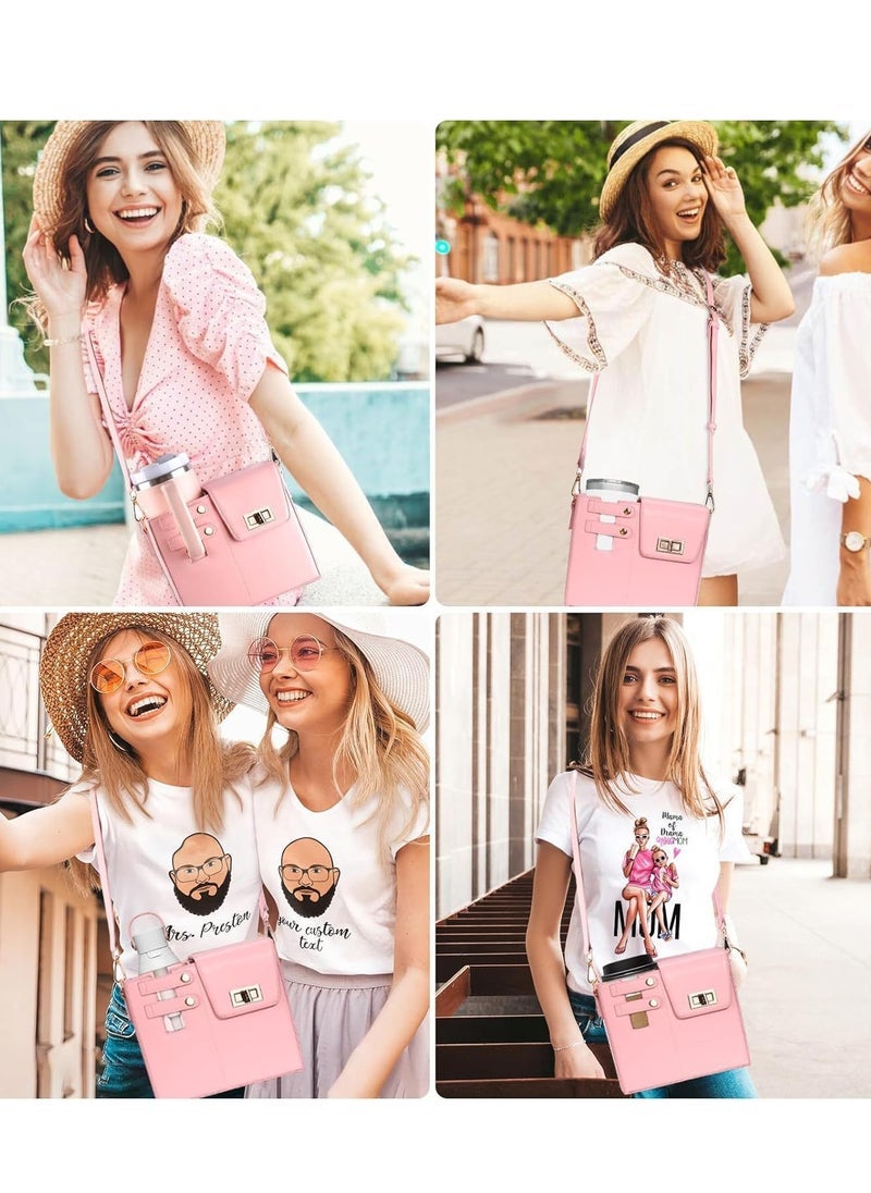 general Outdoor Portable Crossbody Water Cup Storage Bag,Multifunctional Leather Cup Bag with Storage Pocket for Women,Pink Purse with Water Bottle Pocket for Hiking Travelling &Camping - Image 3