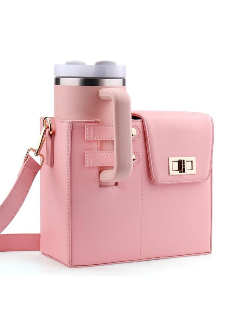 general Outdoor Portable Crossbody Water Cup Storage Bag,Multifunctional Leather Cup Bag with Storage Pocket for Women,Pink Purse with Water Bottle Pocket for Hiking Travelling &Camping - Image 1