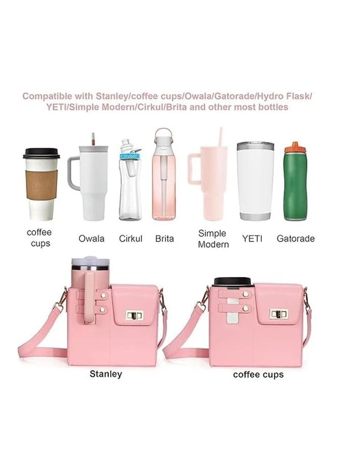 general Outdoor Portable Crossbody Water Cup Storage Bag,Multifunctional Leather Cup Bag with Storage Pocket for Women,Pink Purse with Water Bottle Pocket for Hiking Travelling &Camping - Image 4
